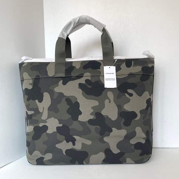 Coach Tote 38 CY805 Large Green Camo Canvas Leather Carryall