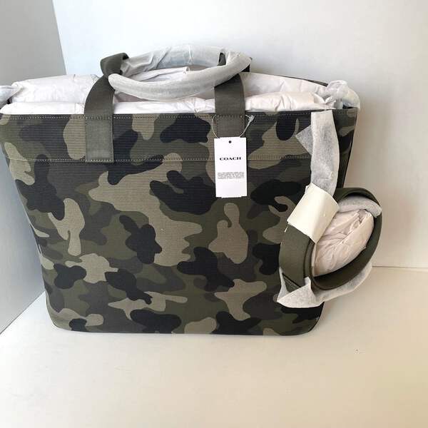 Coach Tote 38 CY805 Large Green Camo Canvas Leather Carryall