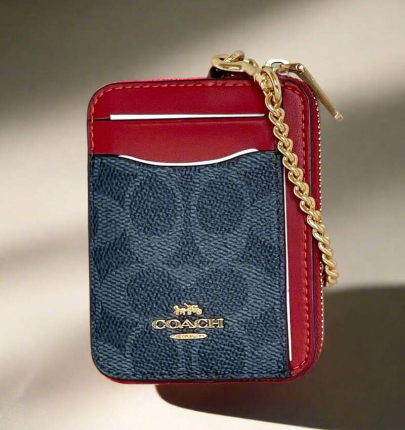Coach Zip Card Case Wallet CW883 Blue Denim Red Signature Canvas