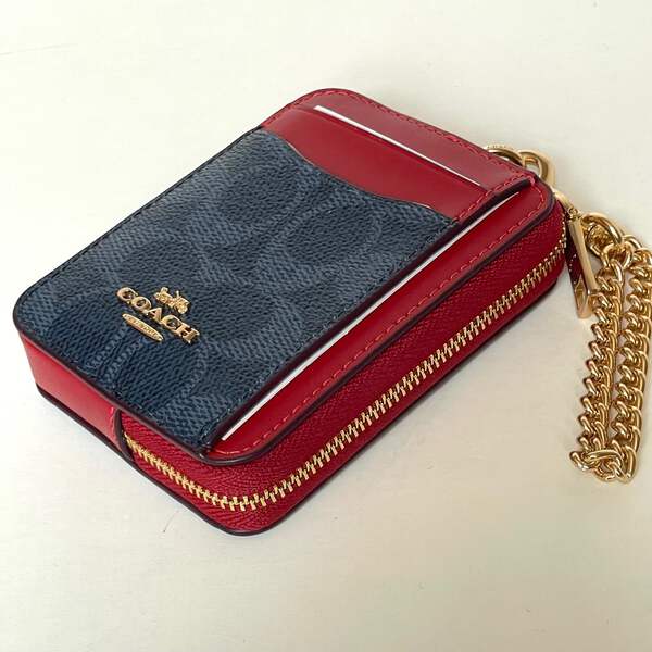 Coach Zip Card Case Wallet CW883 Blue Denim Red Signature Canvas