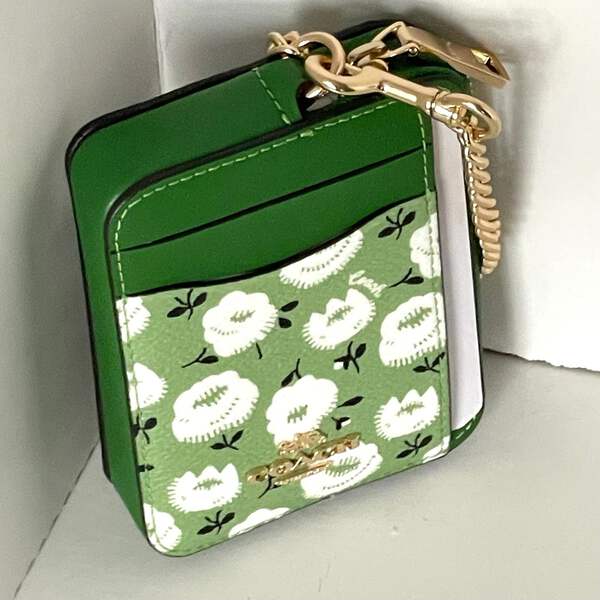 Coach CBL79 Floral Zip Card Case Kelly Green Canvas ID Wallet
