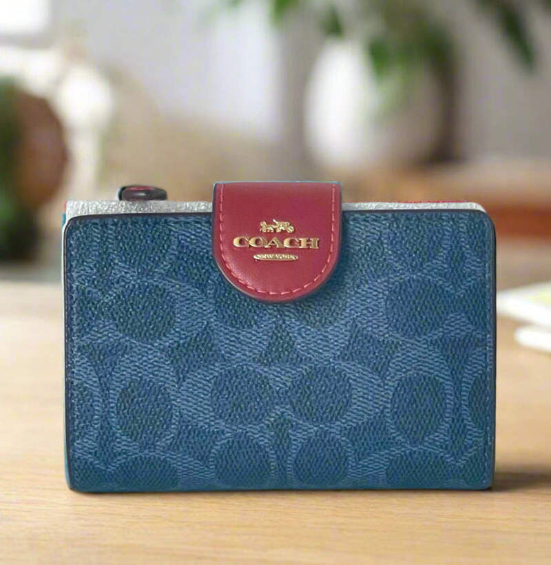 Coach Medium Corner Zip Wallet CW786 Denim Red Signature Canvas