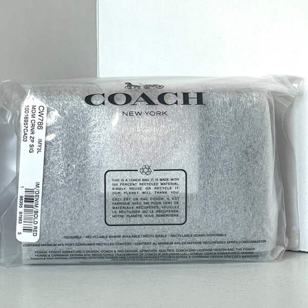 Coach Medium Corner Zip Wallet CW786 Denim Red Signature Canvas