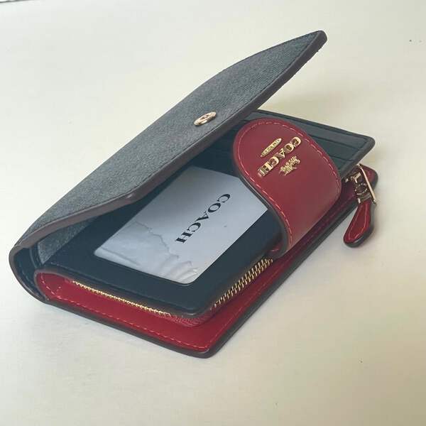 Coach Medium Corner Zip Wallet CW786 Denim Red Signature Canvas