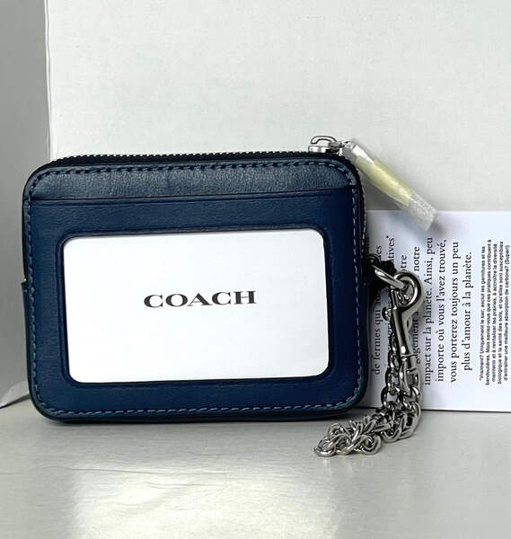 Coach CAR26 Quilted Zip Card Case Blue Denim Leather ID Wallet