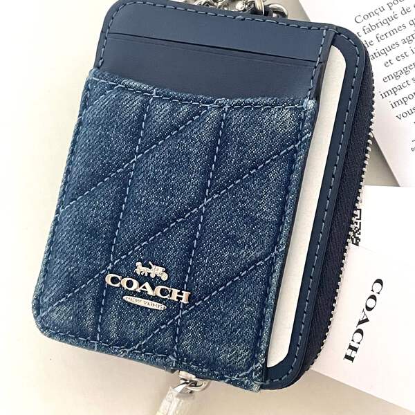 Coach CAR26 Quilted Zip Card Case Blue Denim Leather ID Wallet