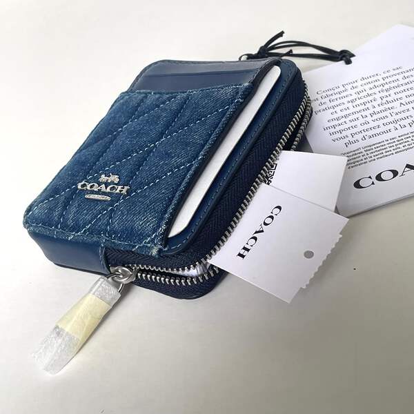 Coach CAR26 Quilted Zip Card Case Blue Denim Leather ID Wallet