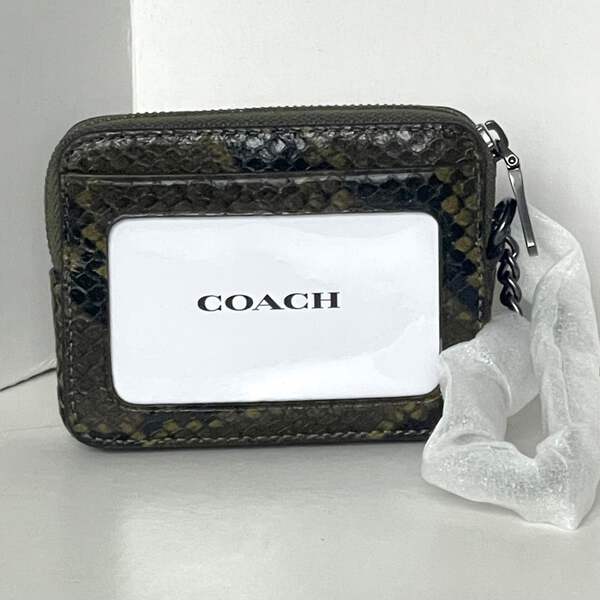 Coach Zip Card Case Leather Snake Print Olive Mini Wallet CCO20