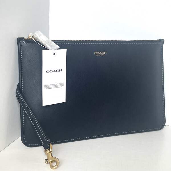 Coach New York Zip Pouch Black Leather Dog Leash Clip Wallet CZ756