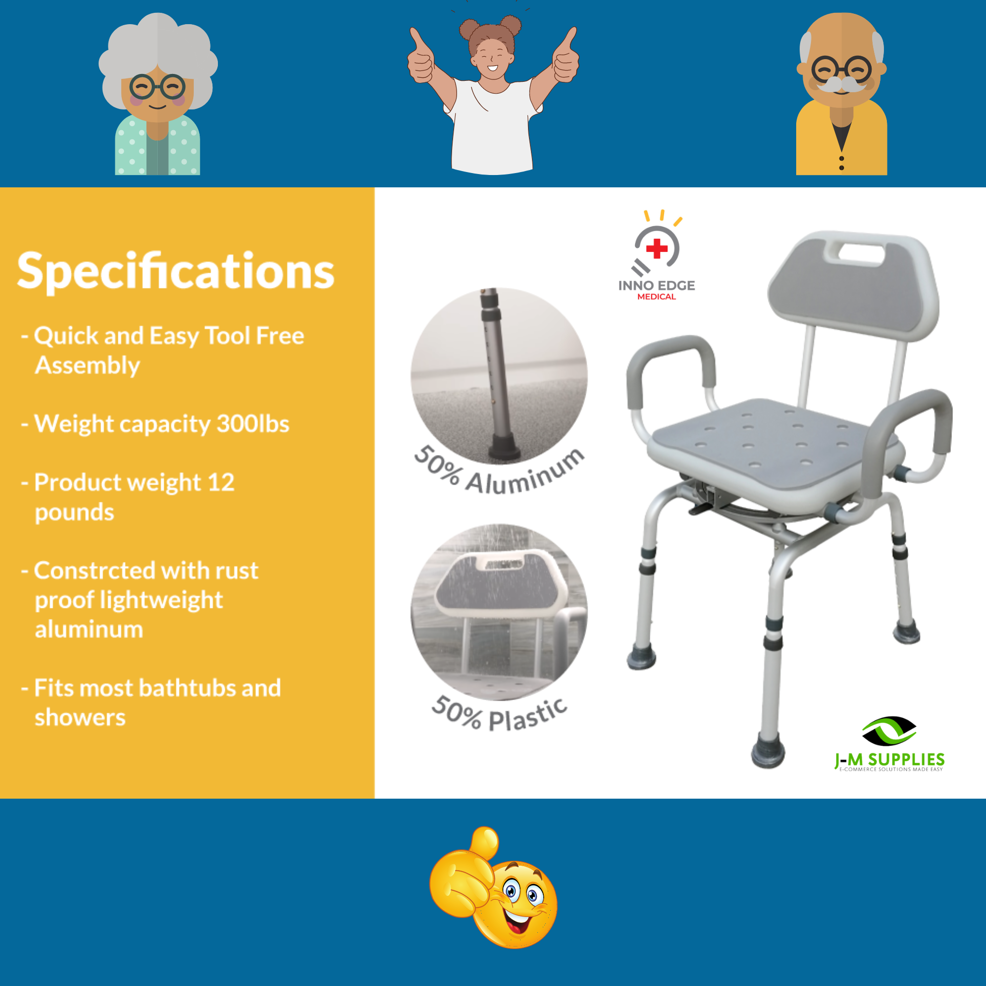 InnoEdge Swivel Shower Bath Chair 360° Rotation, Adjustable, Padded, 300lbs Cap - Picture 12 of 12