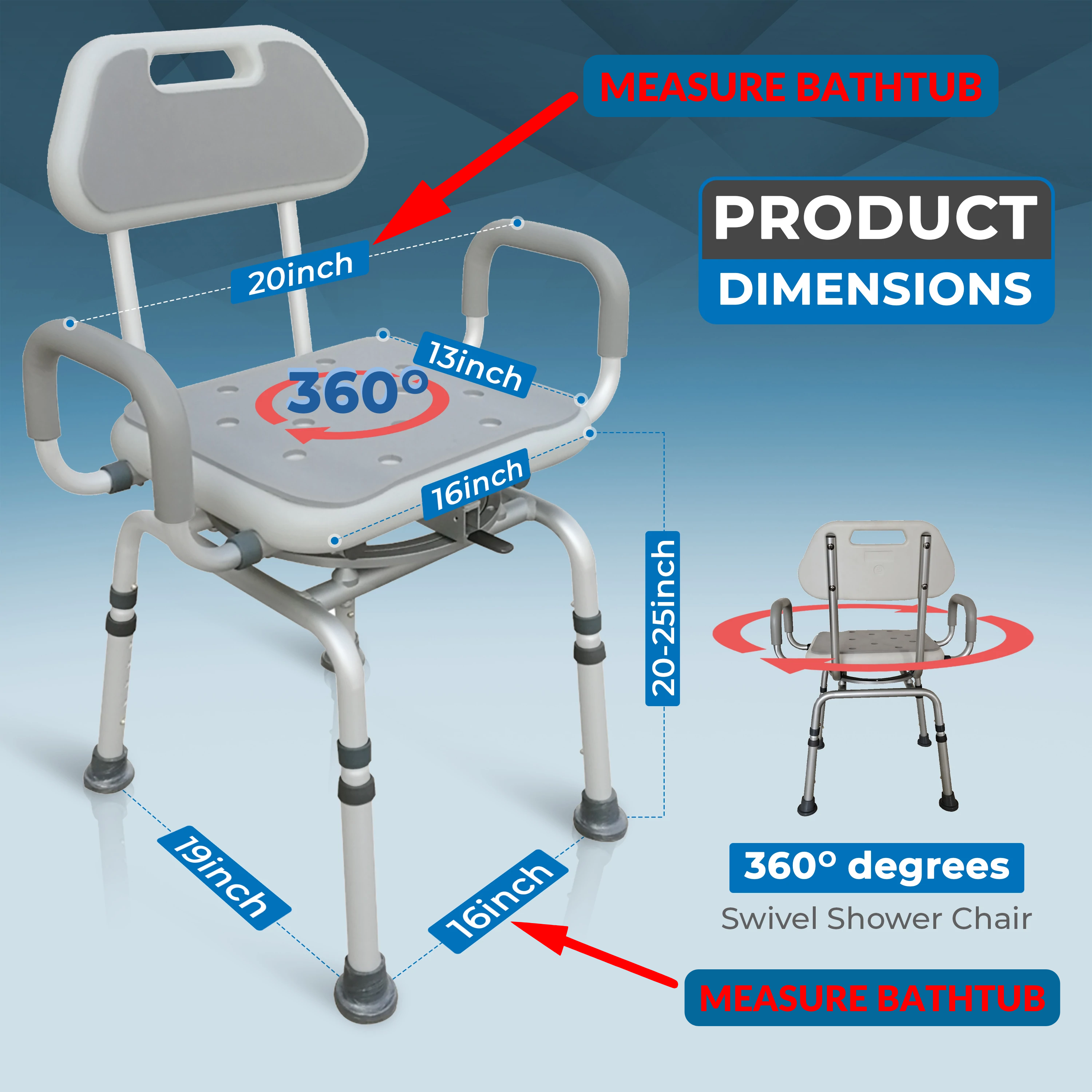 InnoEdge Swivel Shower Bath Chair 360° Rotation, Adjustable, Padded, 300lbs Cap - Picture 7 of 12