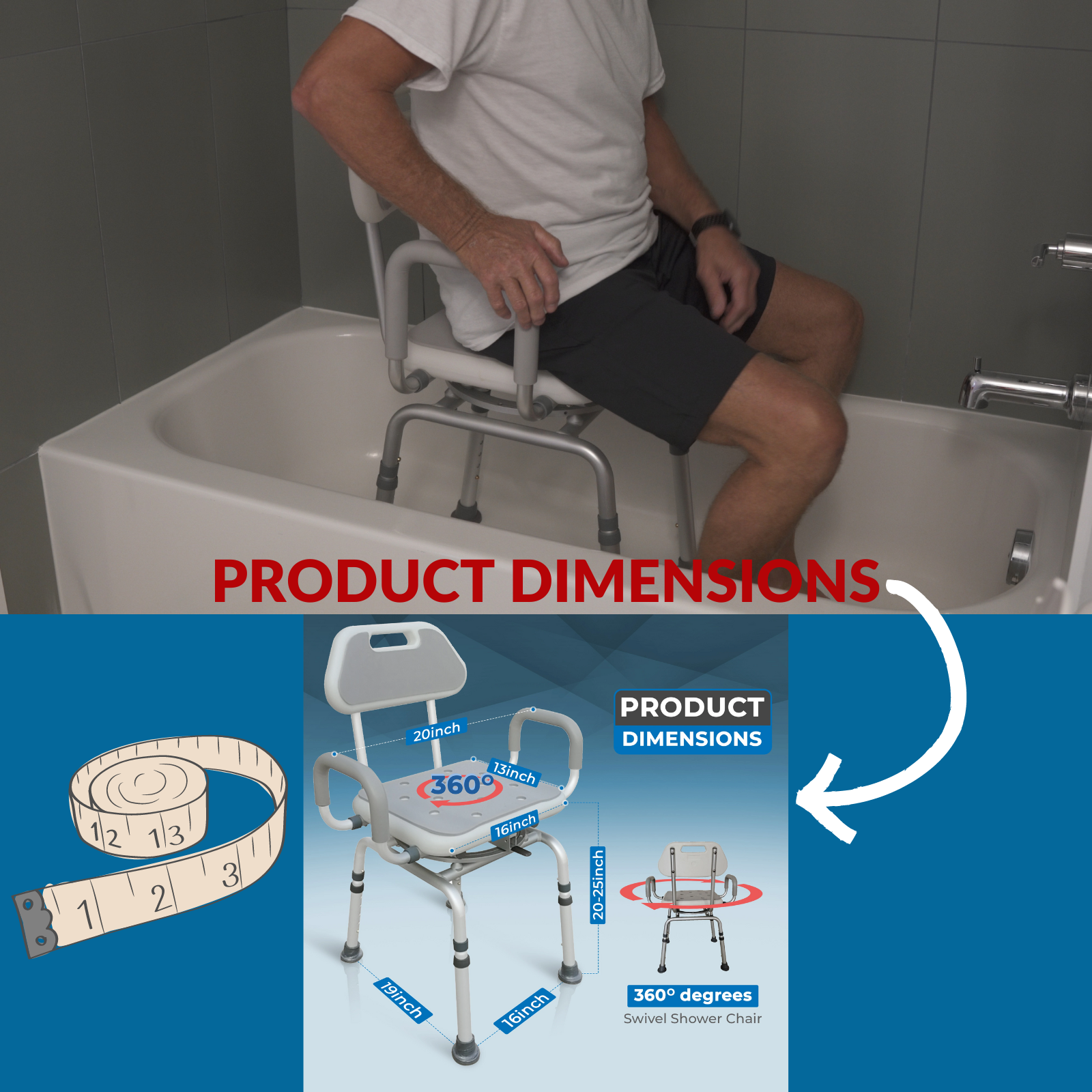 InnoEdge Swivel Shower Bath Chair 360° Rotation, Adjustable, Padded, 300lbs Cap - Picture 10 of 12