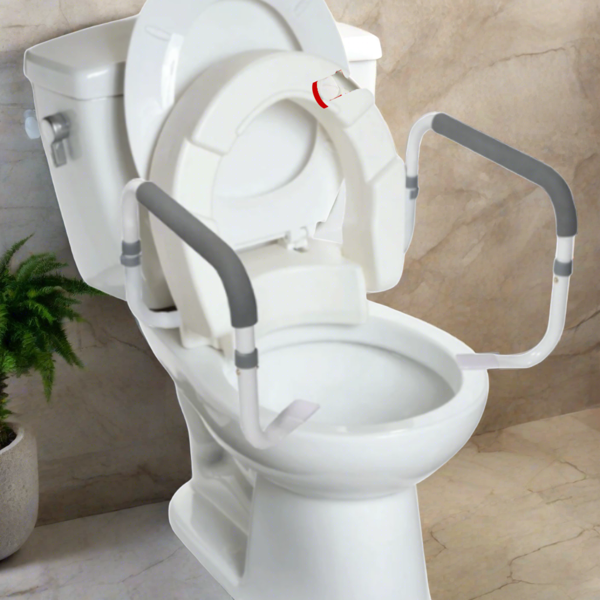 InnoEdge Medical Hinged Raised Toilet Seat (Elongated Size) with Safety Rail Arm - Picture 2 of 12