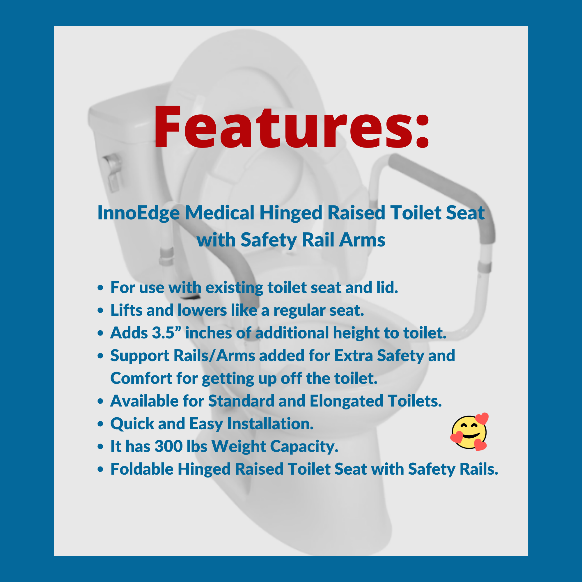 InnoEdge Medical Hinged Raised Toilet Seat (Elongated Size) with Safety Rail Arm - Picture 11 of 12