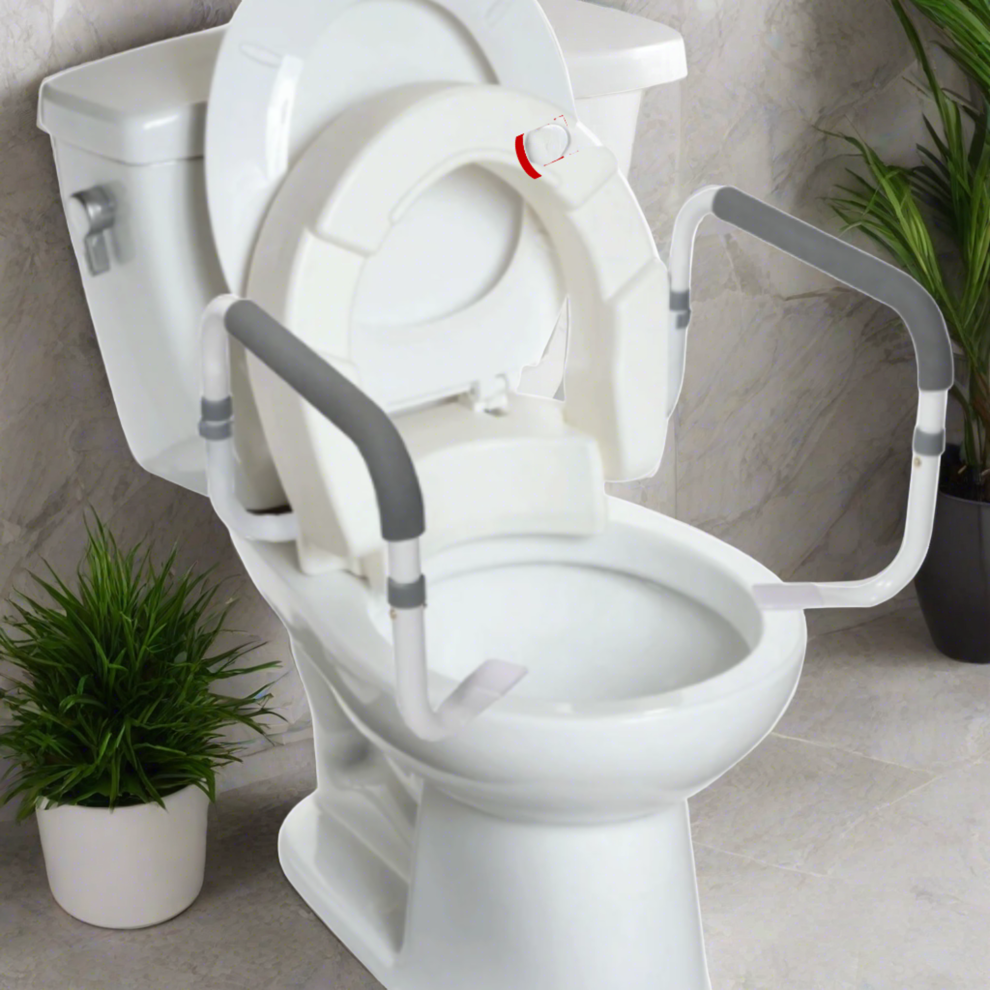 InnoEdge Medical Hinged Raised Toilet Seat (Elongated Size) with Safety Rail Arm - Picture 3 of 12