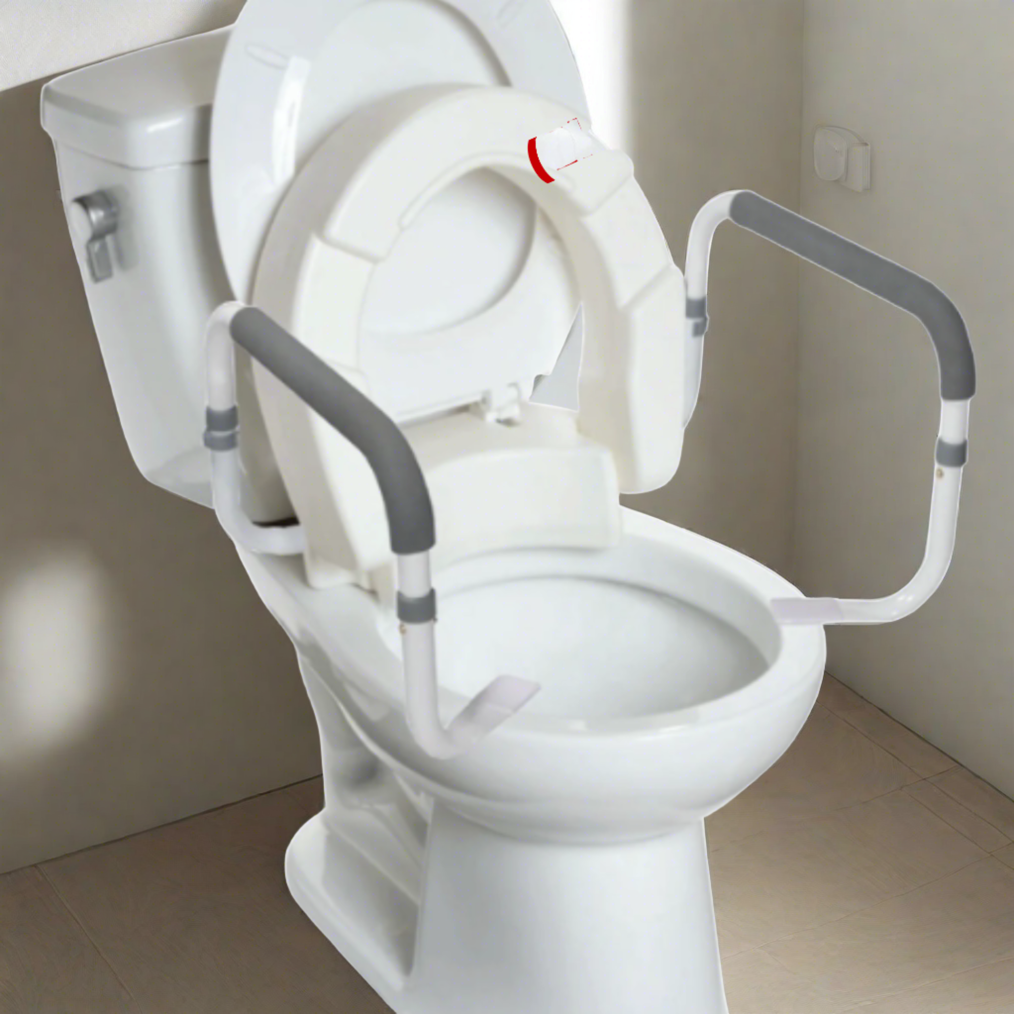 InnoEdge Medical Hinged Raised Toilet Seat (Elongated Size) with Safety Rail Arm - Picture 8 of 12