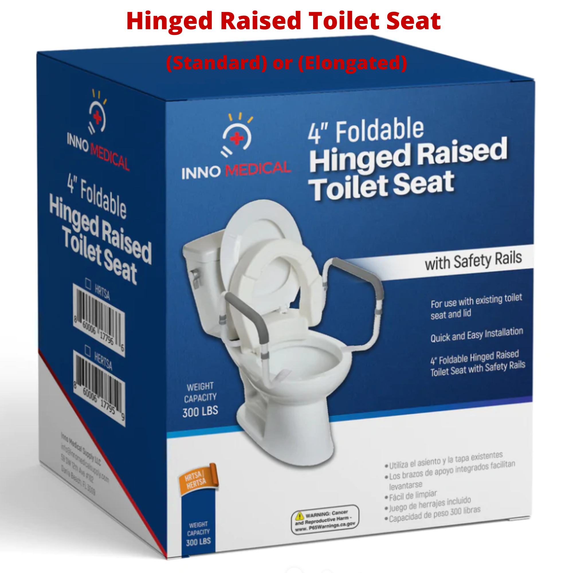 InnoEdge Medical Hinged Raised Toilet Seat (Elongated Size) with Safety Rail Arm - Picture 9 of 12