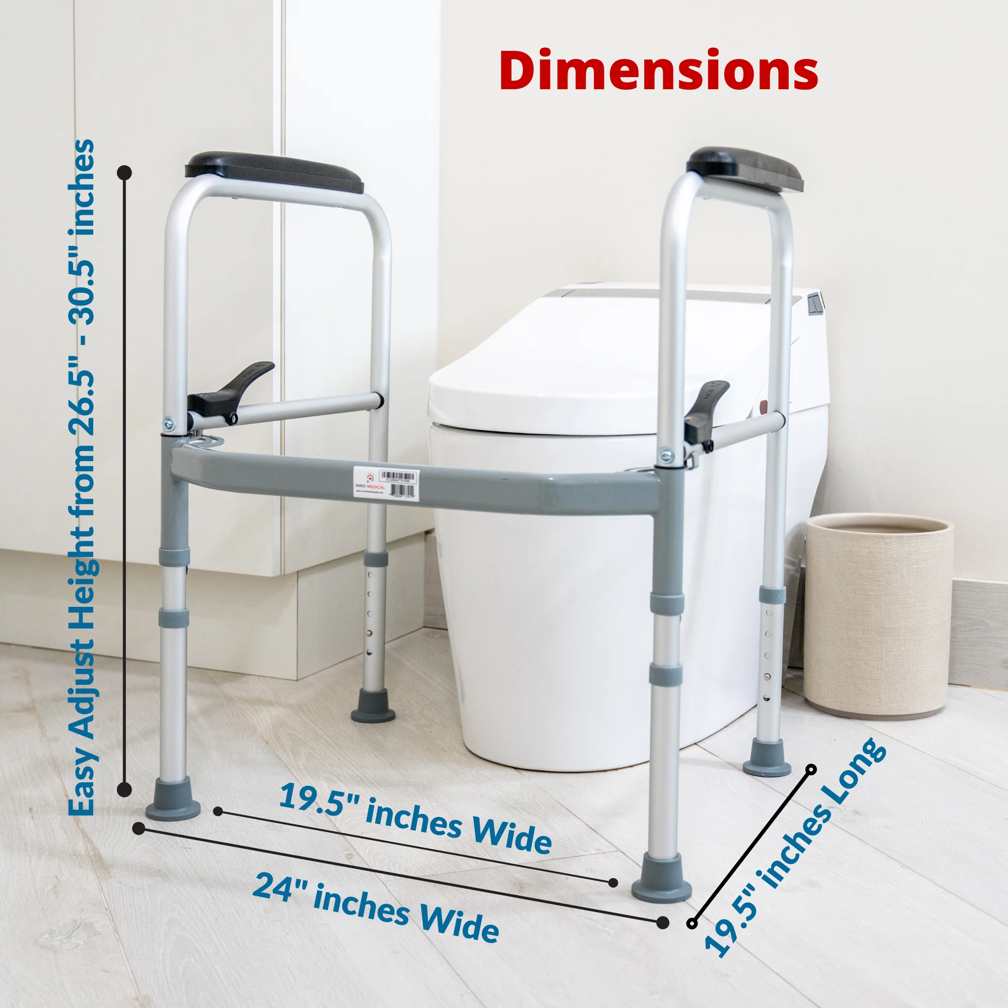 InnoEdge Folding Toilet Safety Frame Rails, 300lb, Adjustable, Portable Non-Slip - Picture 11 of 12