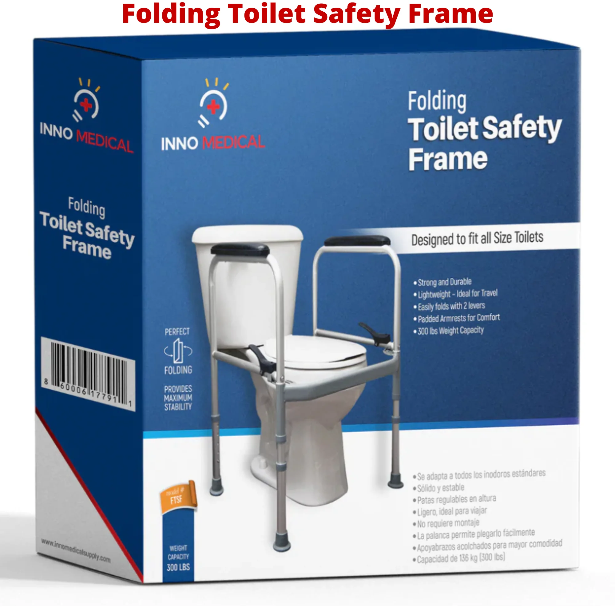 InnoEdge Folding Toilet Safety Frame Rails, 300lb, Adjustable, Portable Non-Slip - Picture 12 of 12