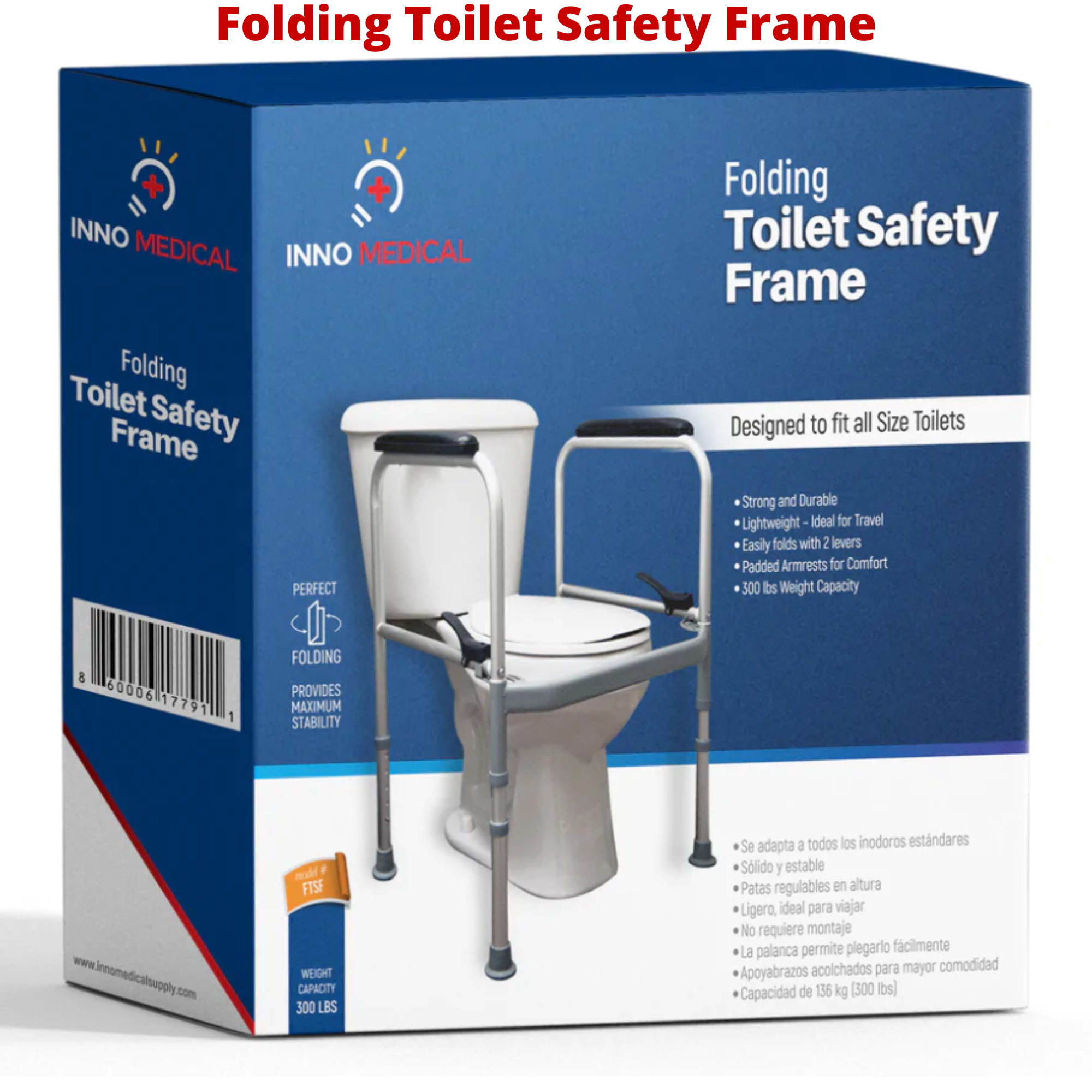 InnoEdge Folding Toilet Safety Frame Rails, 300lb, Adjustable, Portable Non-Slip - Picture 12 of 12