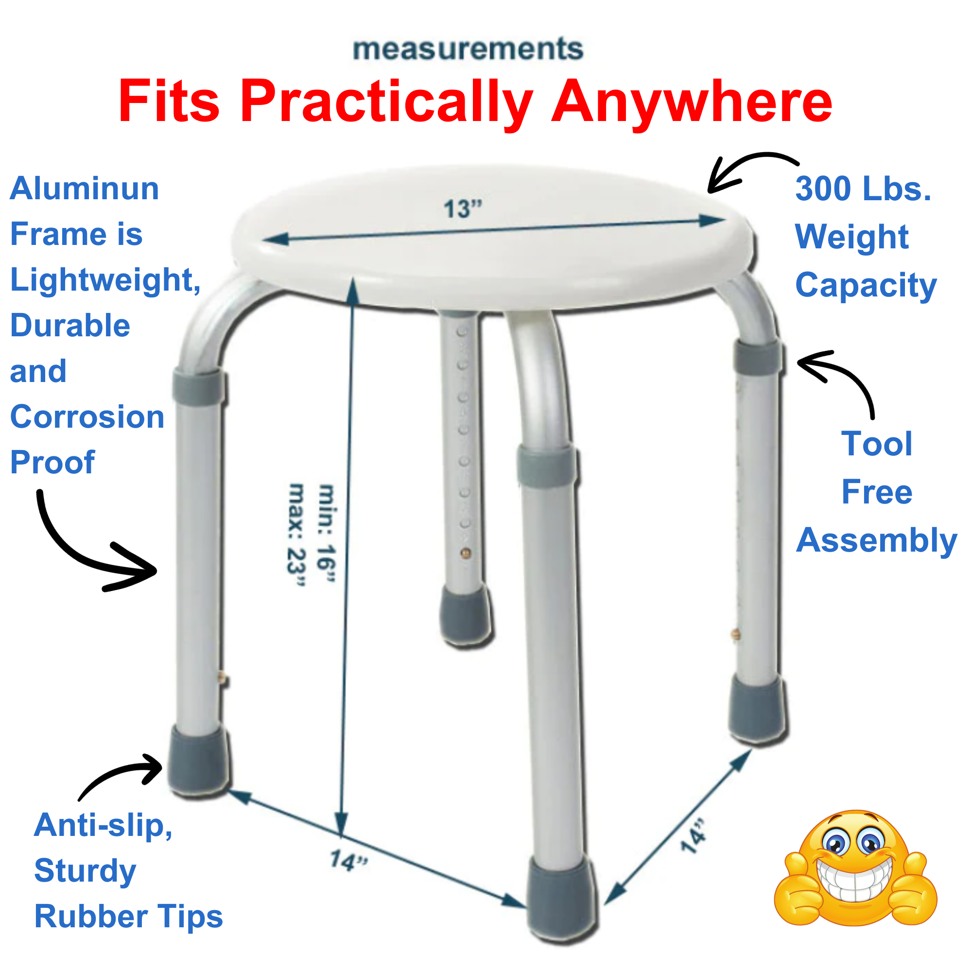 MOBB Bath Stool Adjustable Height, 300lb Cap, Anti-Slip Corrosion-Proof Aluminum - Picture 3 of 12