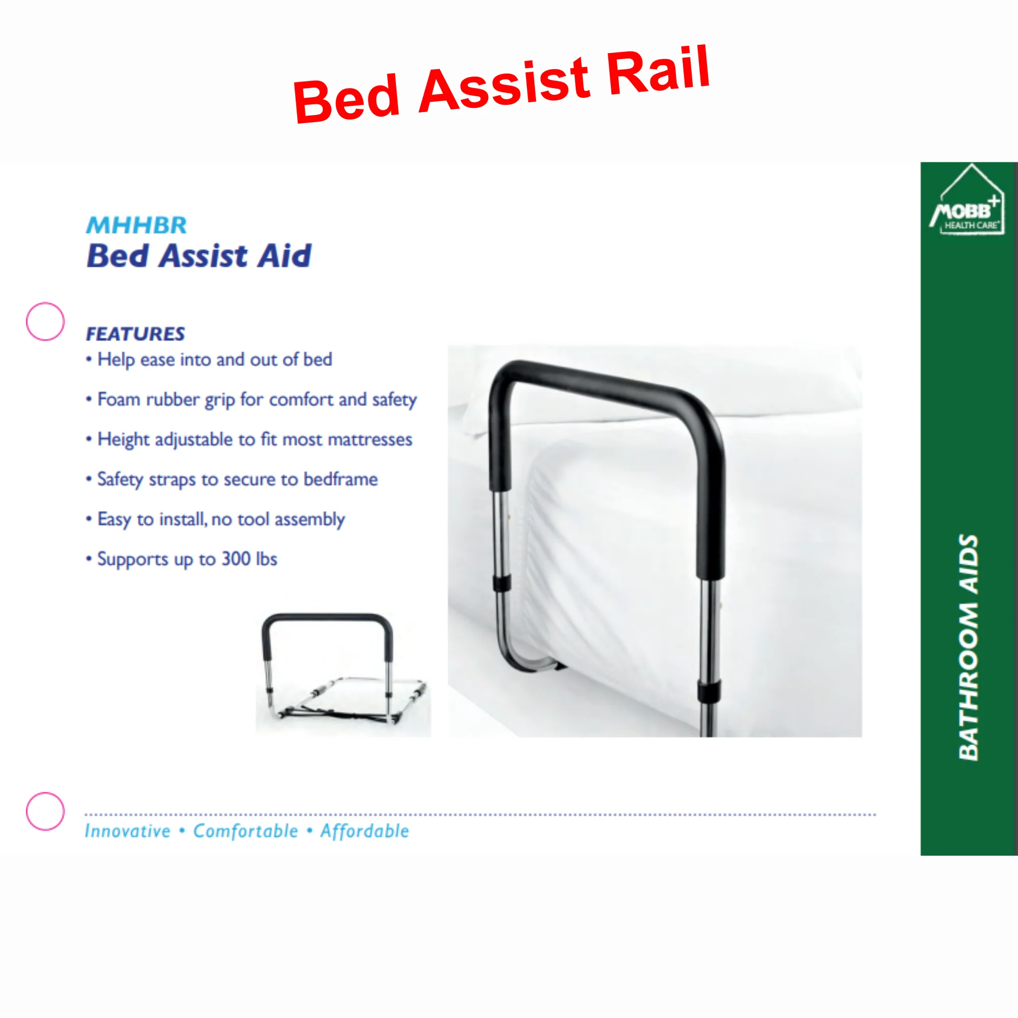 MOBB Bed Assist Rail - Foam Rubber Grip Handle, Durable, Fits 12"-16" Mattresses - Picture 3 of 12