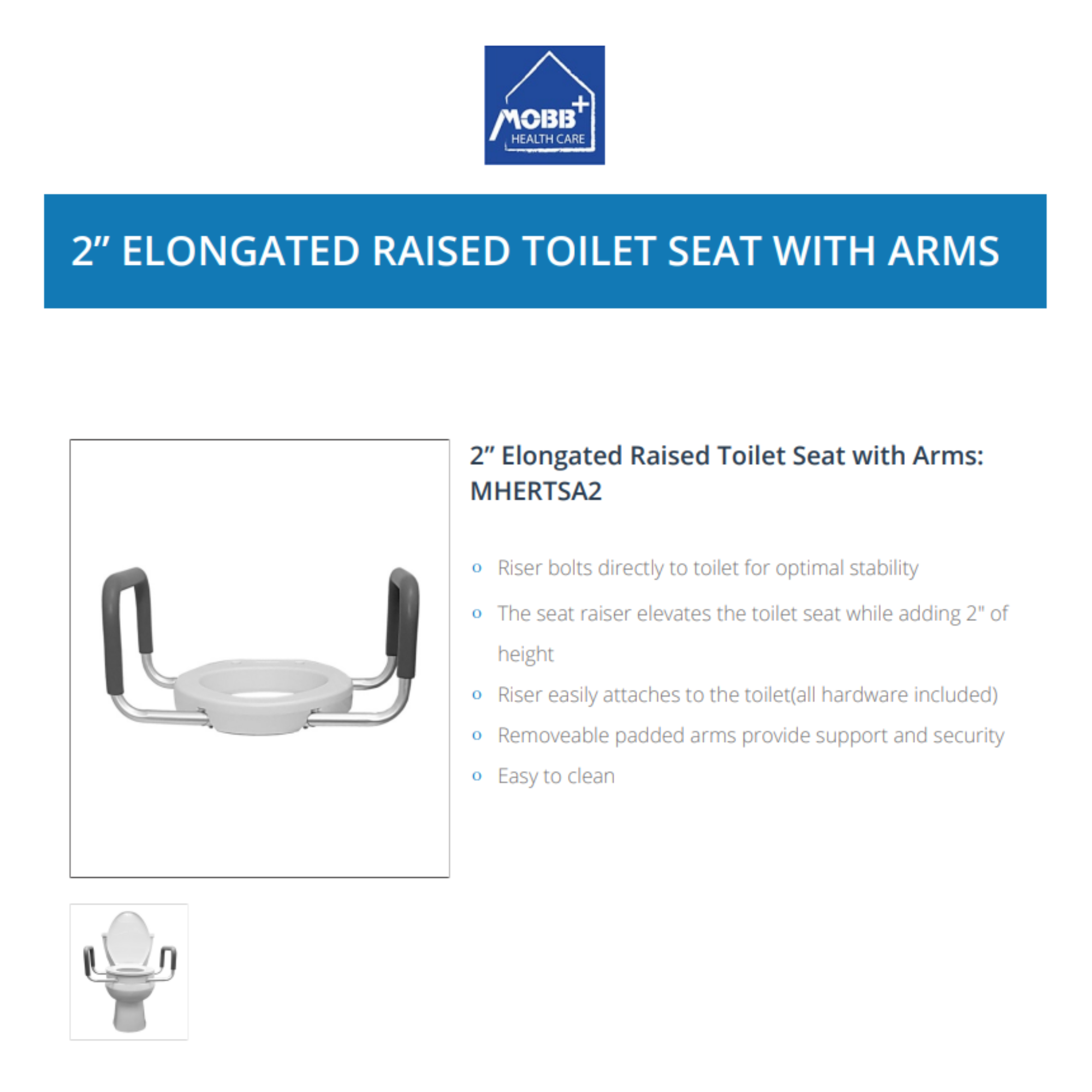 MOBB Elongated Raised Toilet Seat - 2" Inch Height, Padded Arms, White, 300 lbs - Picture 7 of 12