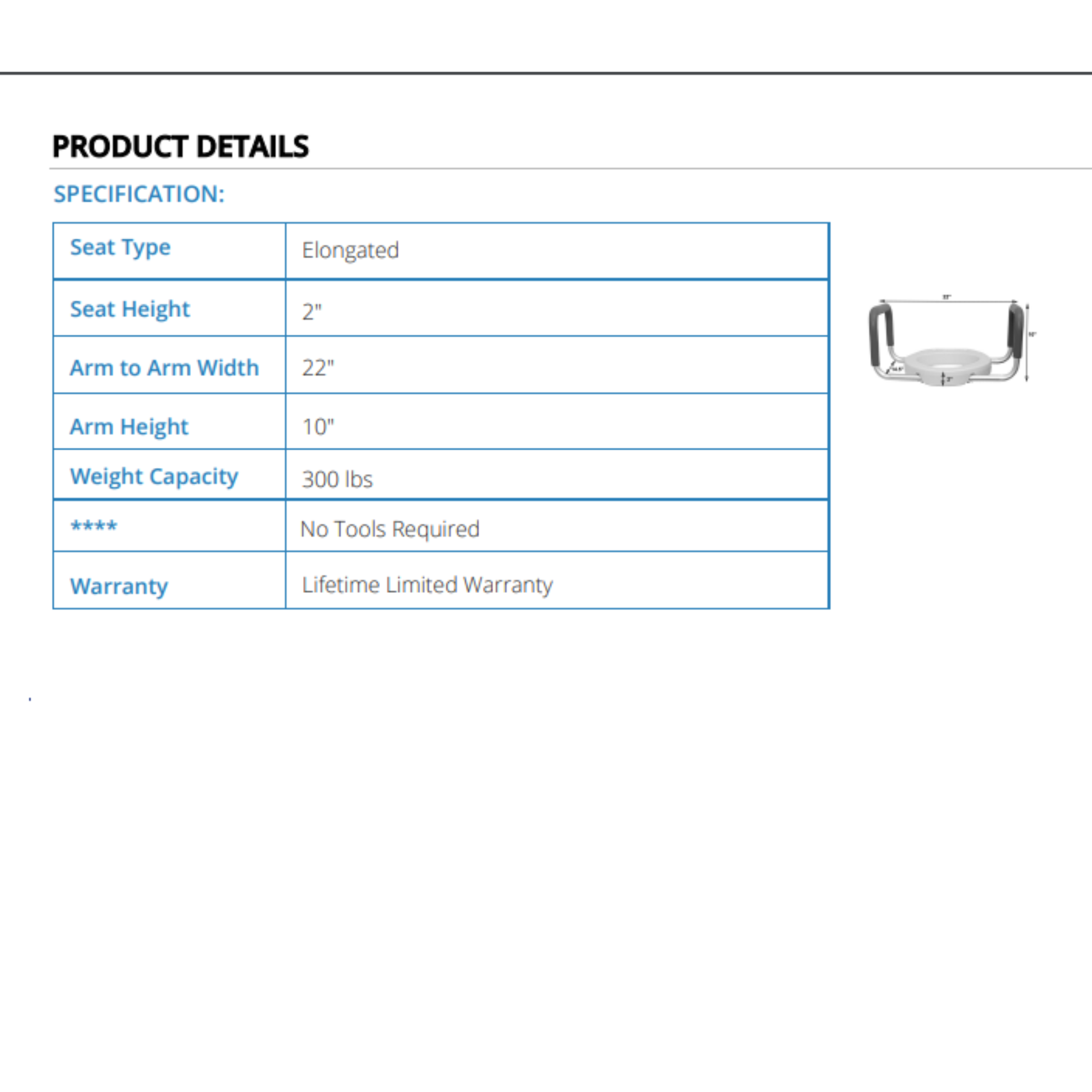 MOBB Elongated Raised Toilet Seat - 2" Inch Height, Padded Arms, White, 300 lbs - Picture 9 of 12