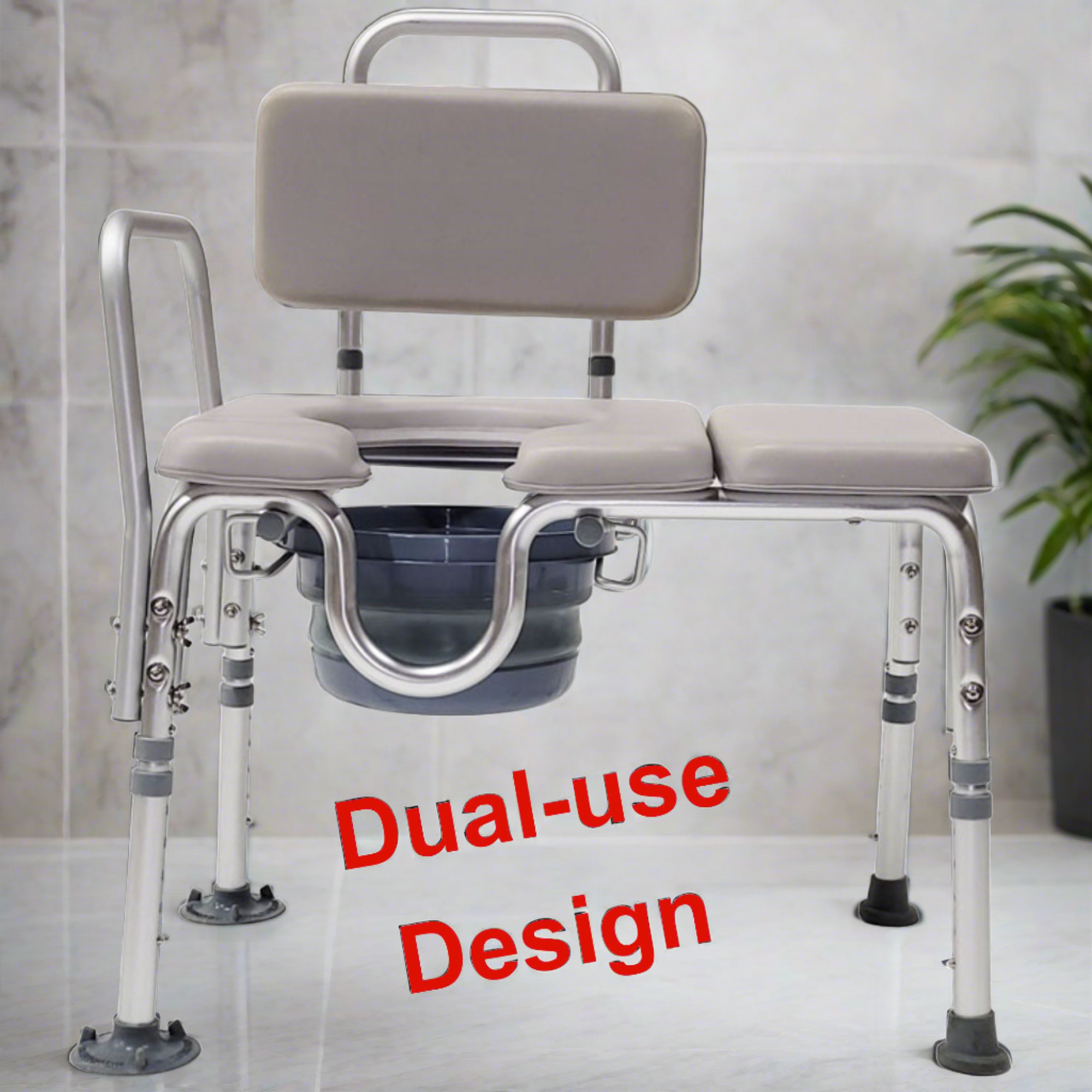 MOBB Dual-Use Padded Commode Chair/Transfer Bench, Durable Aluminum, 300lbs Gray - Picture 4 of 12