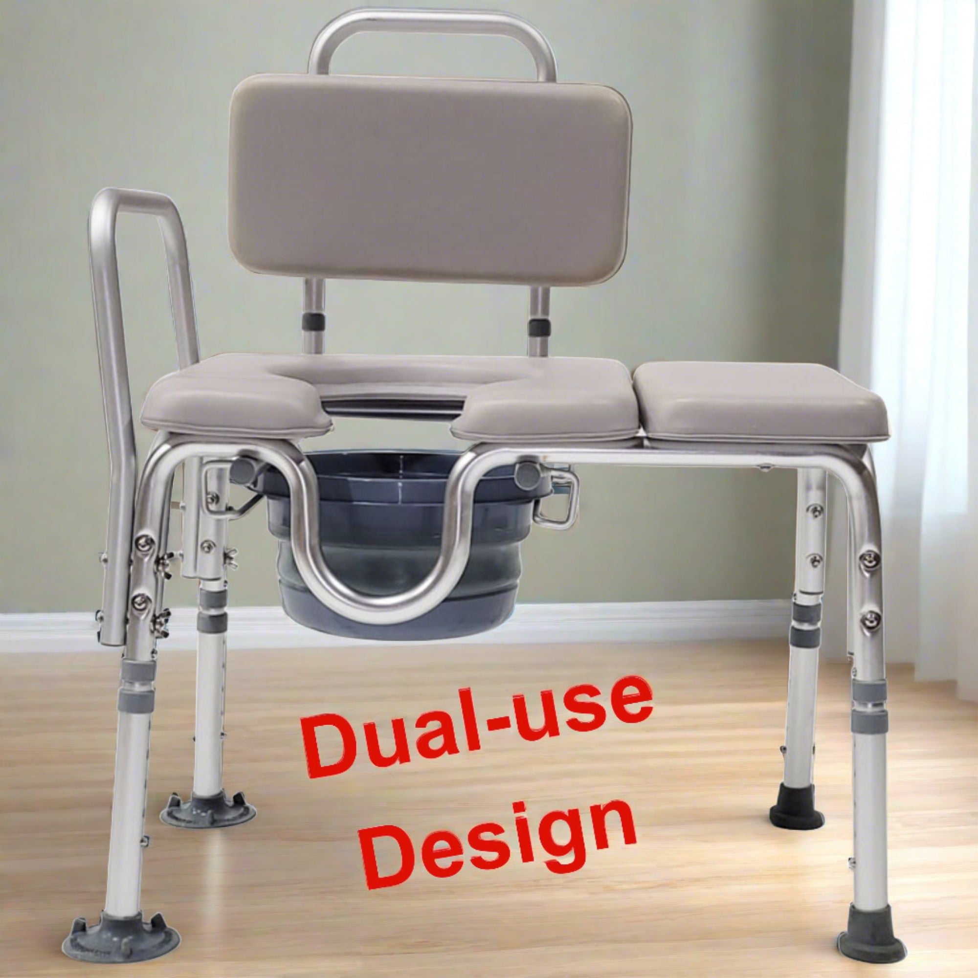 MOBB Dual-Use Padded Commode Chair/Transfer Bench, Durable Aluminum, 300lbs Gray - Picture 5 of 12