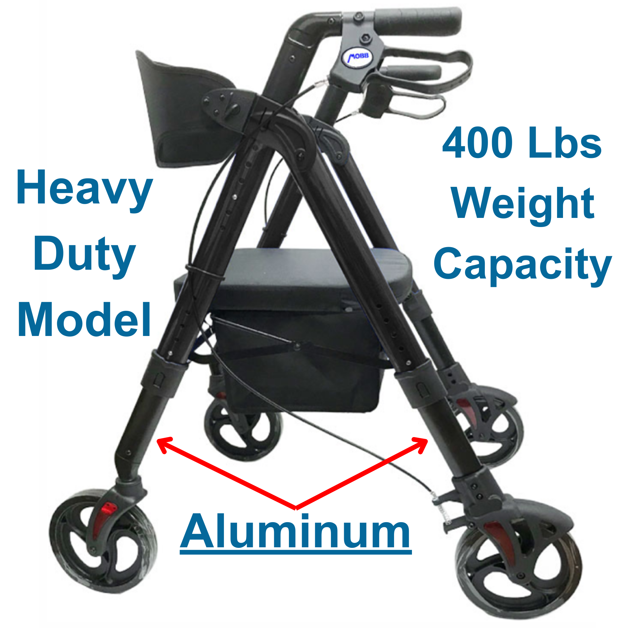 MOBB Heavy Duty Bariatric Rollator, Aluminum, Folding, Adjustable, 400lbs, Black - Picture 3 of 12