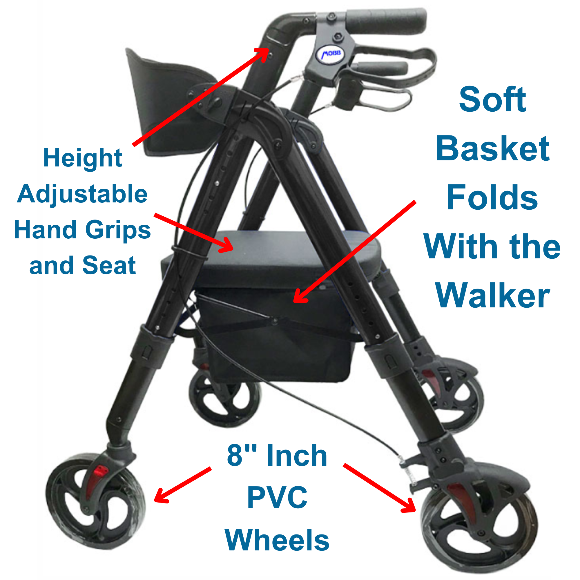 MOBB Heavy Duty Bariatric Rollator, Aluminum, Folding, Adjustable, 400lbs, Black - Picture 5 of 12