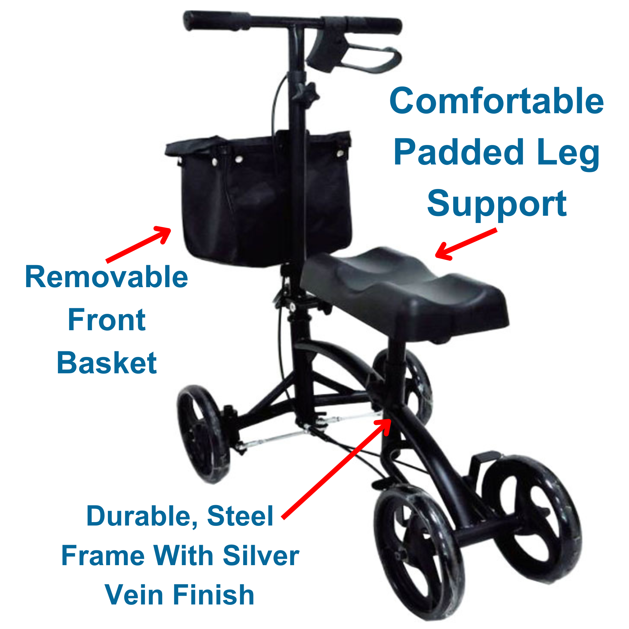 MOBB Knee Walker - Steerable, Padded, Steel, Surgery Recovery, 350lbs, Black - Picture 6 of 12