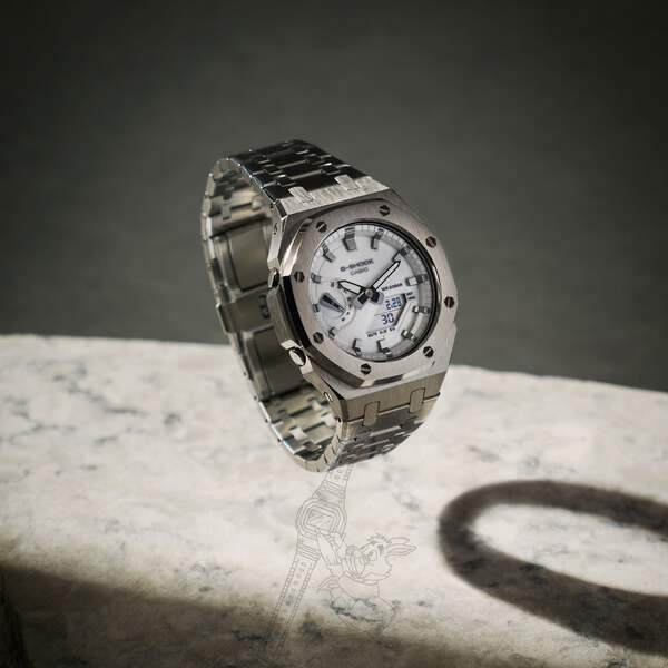 Casio GA-2100 G-Shock Watch – Silver Metal Case & Bracelet Mod