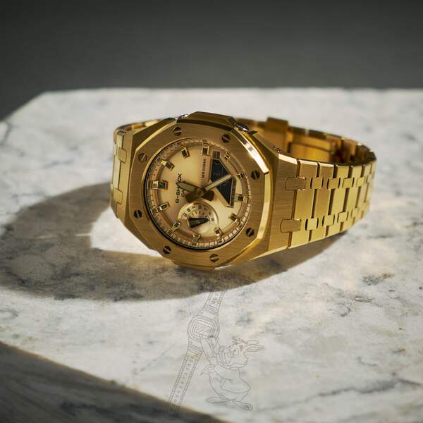 Casio GA-2100 G-Shock Watch w/ Gold Metal Case & Bracelet Mod