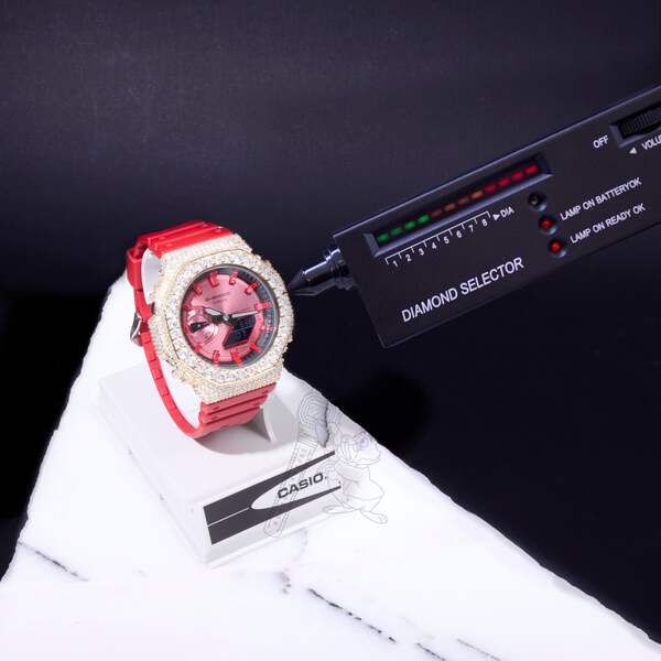 Casio G-Shock GA2100 Red Dial Iced Out Moissanite Mod D Color VVS
