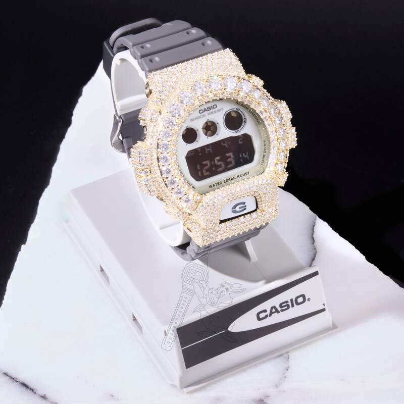 Casio G-Shock DW6900 White Iced Out Moissanite Mod D Color VVS
