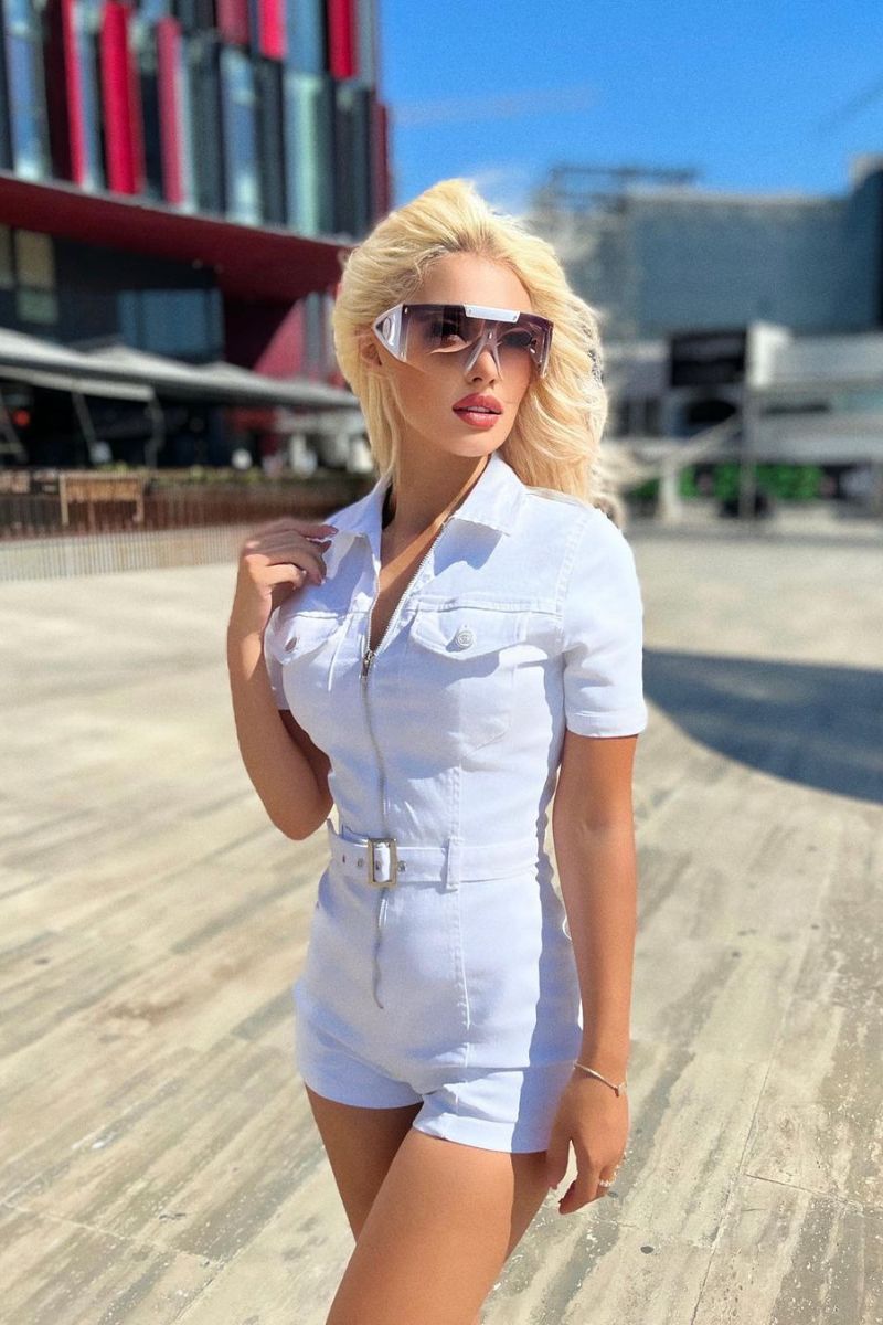 zip front short sleeve stretch denim playsuit