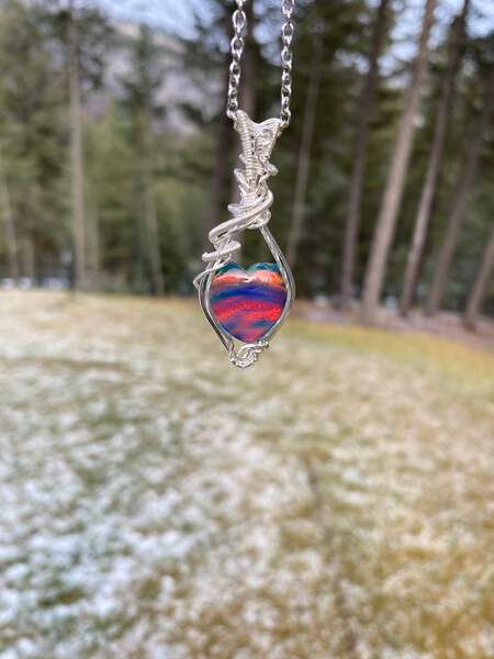 Aura Opal Sterling Silver Wire Wrapped Pendant, Heart Aura Opal Sterling Silver Wire Wrapped Pendant, Heart