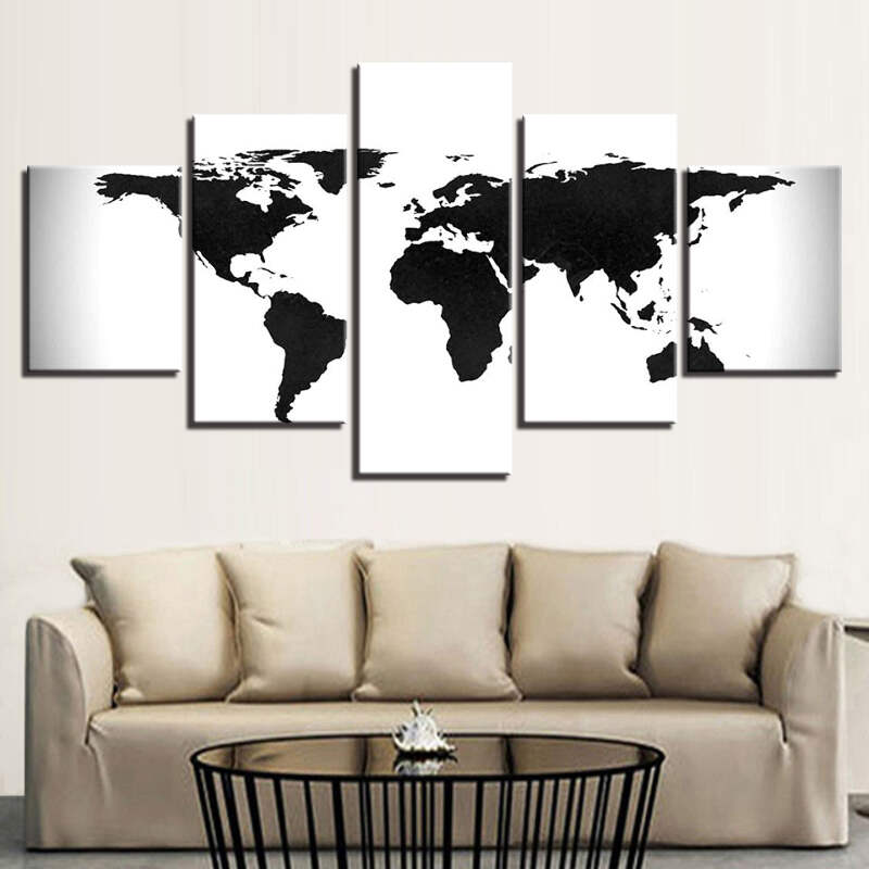 Black And White World Map Canvas Art Print For Wall Decor Painting