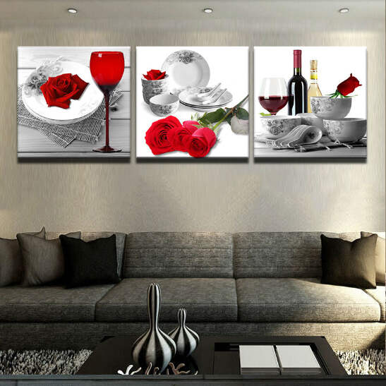 Red Roses And Wine Canvas Wall Art Print For Cafe And Kitchen
