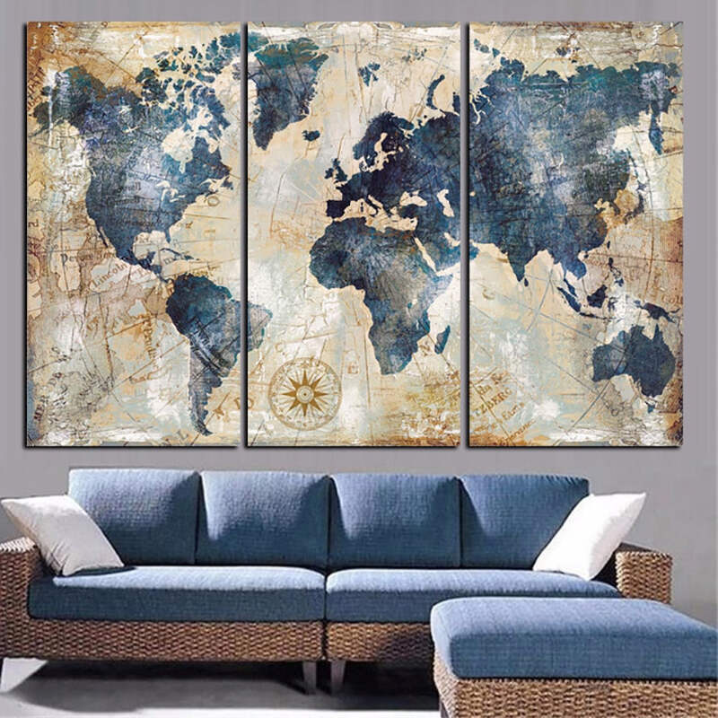 Blue World Map Canvas Art Print For Wall Decor Painting Ebay