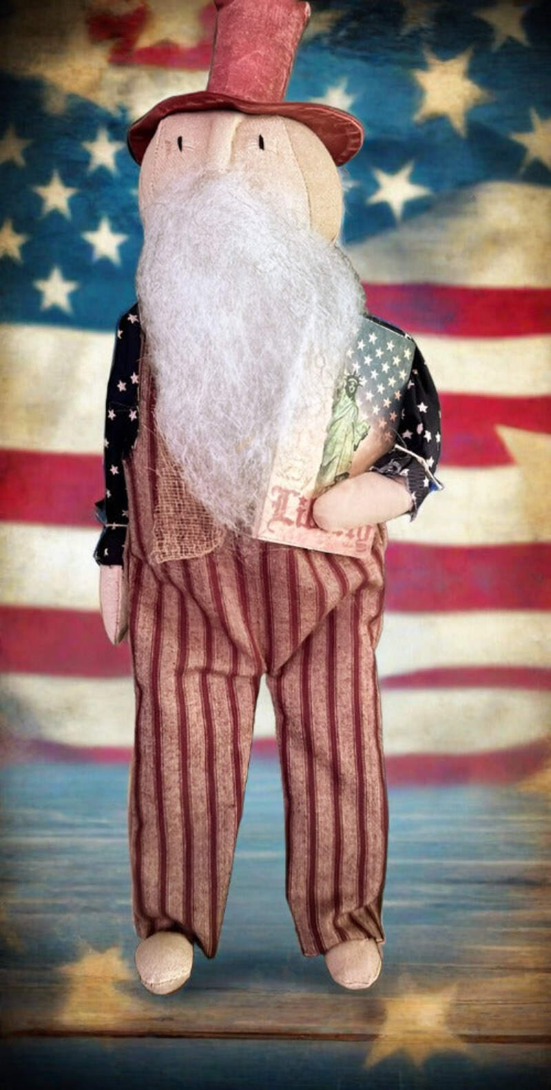 Primitive Folk Art USA Uncle Sam w/ Overalls on Stand Liberty Sign