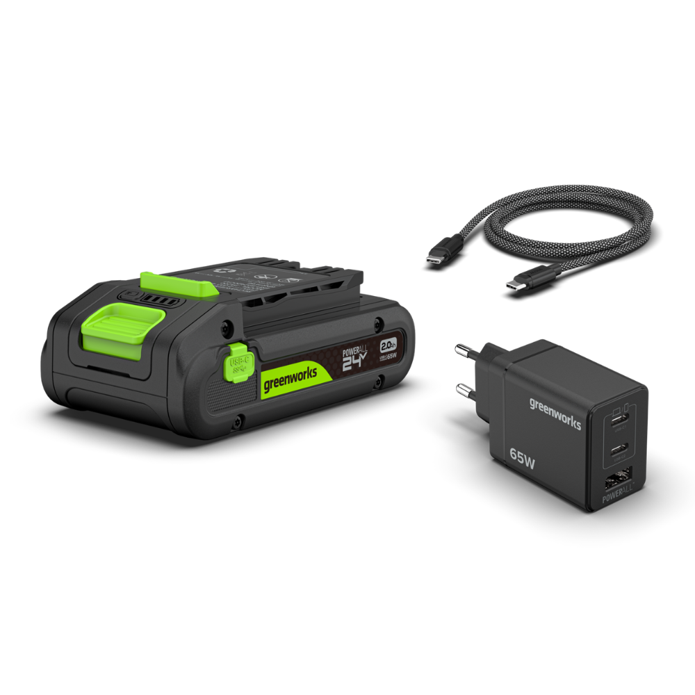 POWERALL 24V Starter Kit 2Ah Akku + 65W USB-C Ladegerät Greenworks K2S2BEAA1
