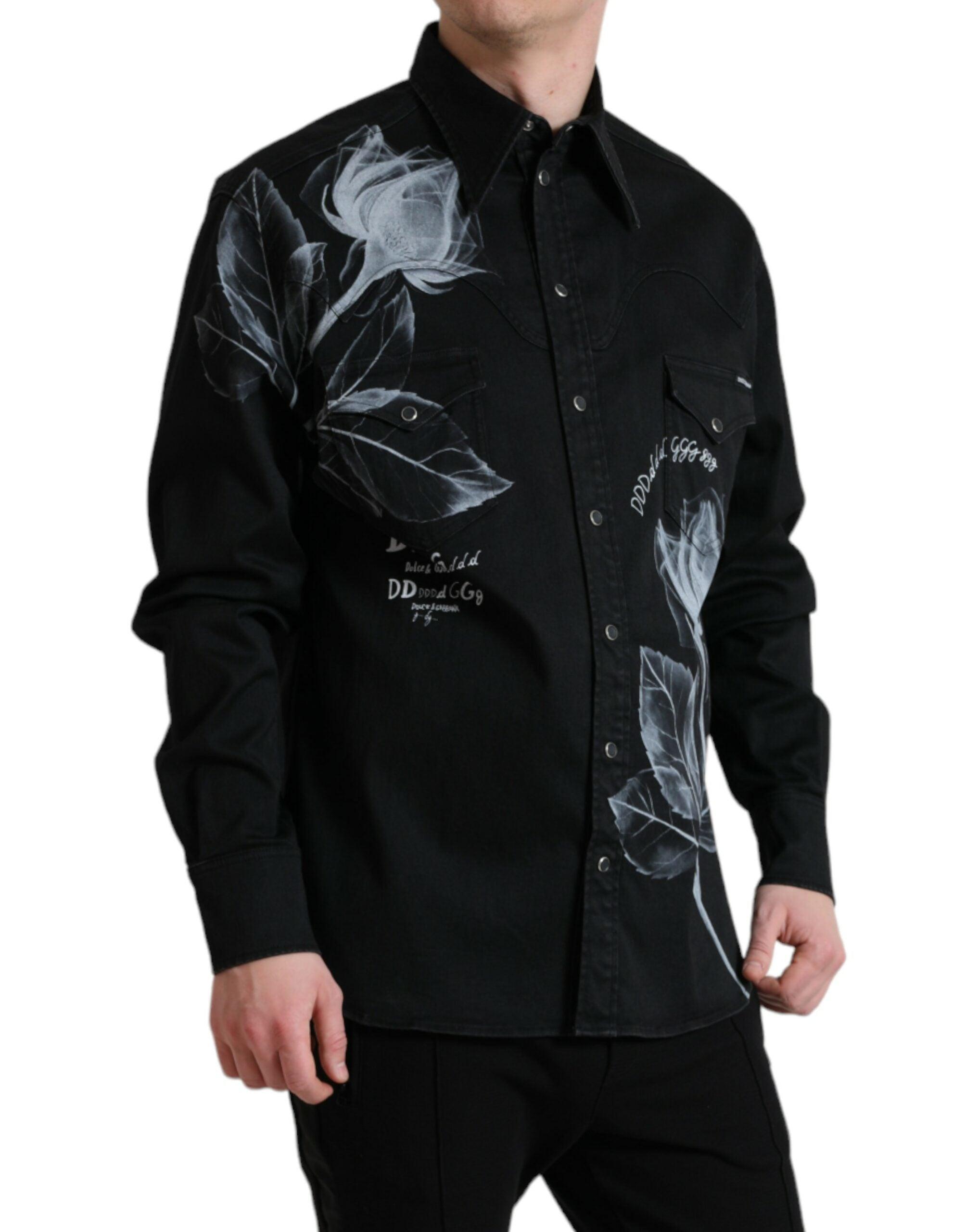 Dolce & Gabbana Black Floral Cotton Collared Dress Shirt | eBay