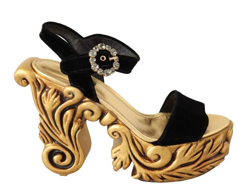 【VIP価格】DOLCE & GABBANA Baroque Velvet Heels Dolce & Gabbana Black Gold Baroque Velvet Heels Crystal