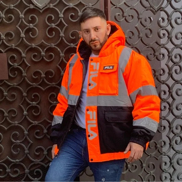 Men's Fila Bright Orange High Visibility Hooded Bomber Jacket NWT