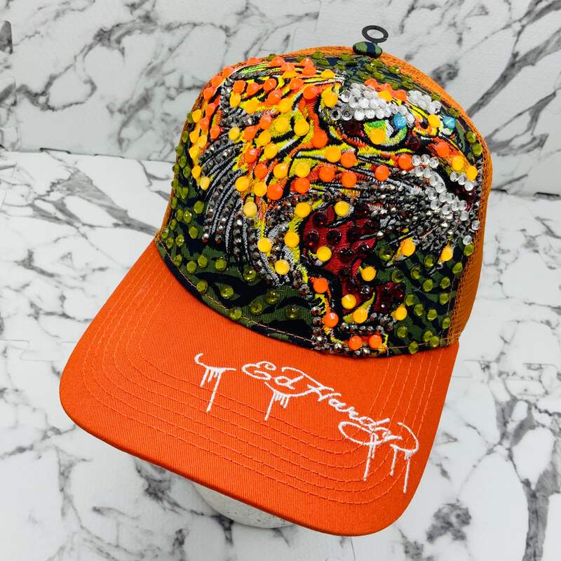 Men's Ed Hardy Tiger Orange | Multicolor Rhinestone Trucker Hat