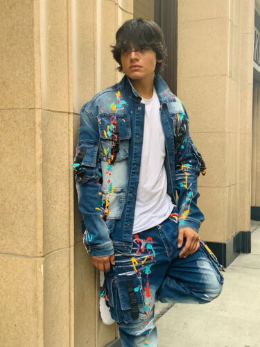 Men's Mid Blue Pocked Hand-Painted Denim Jacket or Pants | eBay