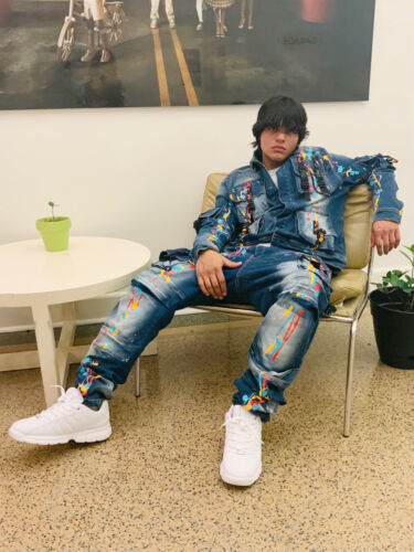 Men's Mid Blue Pocked Hand-Painted Denim Jacket or Pants | eBay